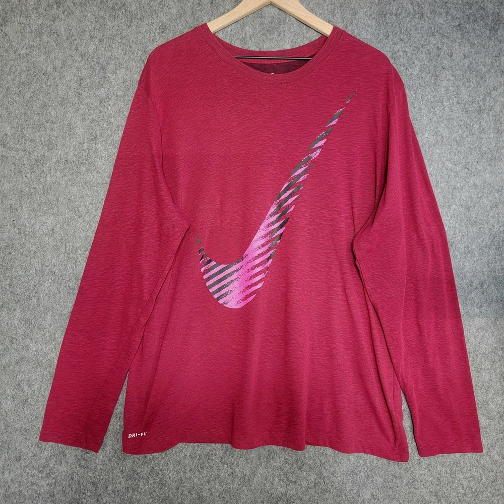 Nike Long Sleeve Tee in Dark Red with Pink Swoosh- Size XL